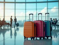 Three suitcases in an airport with travelers in the background, AI generated [IBR125645887]