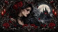 A woman with a black lace and a raven in front of a gothic castle in the moonlight, framed by red roses and candles, AI generated [IBR125645888]