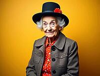 Studio portrait of an elderly woman wearing a hat and smiling on a vibrant yellow background, AI generated [IBR125645890]
