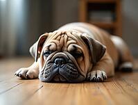 Adorable bulldog puppy lying on the floor, looking sleepy and relaxed, AI generated [IBR125645891]
