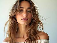 Beautiful young woman with long brown hair blowing in the wind, posing in a studio setting, AI generated [IBR125645892]