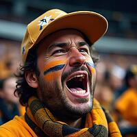 Young man with face paint and scarf showing excitement while cheering in a crowded stadium during a sports event, AI generated [IBR125645894]