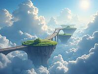 Bridges are connecting floating islands covered by grass and trees in an ethereal realm filled with clouds and illuminated by the sun, AI generated [IBR125645895]