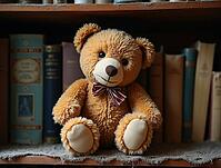 Brown teddy bear sitting on a dusty bookshelf surrounded by old books, evoking childhood memories and nostalgia, AI generated [IBR125645896]