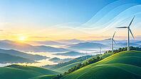 Wind turbines on green hills overlook misty valleys and distant mountains in the warm light of sunrise, AI generated [IBR125645897]