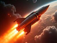 Futuristic spacecraft rocket launching from Earth, surrounded by glowing plasma and clouds, AI generated [IBR125645898]