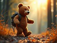 Brown teddy bear with backpack walking down a forest path at sunset, AI generated [IBR125645899]