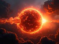 Glowing sphere surrounded by fiery energy and dark clouds, AI generated [IBR125645901]