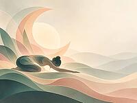 A woman lies in a relaxed yoga stretch on abstract waves, next to a large stylized crescent moon, AI generated [IBR125645902]
