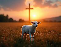 Lamb stands in a field with a glowing cross in the distance at sunset, AI generated [IBR125645903]