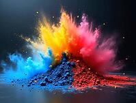 Colorful powder pigments exploding from a pile, creating a vibrant and dynamic composition against a dark background, AI generated [IBR125645904]