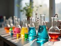 Various laboratory glassware containing vibrant liquids arranged on table in research lab setting, symbolizing scientific experimentation and discovery, AI generated [IBR125645905]
