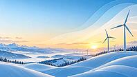 Wind turbines stand on snowy hills in front of a mountain range as the morning sun illuminates the wintry landscape, AI generated [IBR125645906]