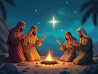 Four wise men are kneeling around a bonfire, praying and following the star of bethlehem, celebrating epiphany, AI generated [IBR125645908]