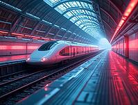 Sleek, white, futuristic train arriving at a neon-lit station platform, showcasing advanced transportation technology, AI generated [IBR125645910]