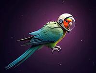 Colorful parrot wearing astronaut helmet floating in dark purple starry space, AI generated [IBR125645912]