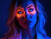 Portrait of a model showing artistic neon fluorescent uv makeup glowing under blacklight, AI generated [IBR125645913]