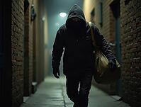 Criminal carrying a bag of stolen valuables, fleeing through a shadowy alleyway at night, AI generated [IBR125645917]