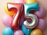 Foil balloons forming the number 75 surrounded by colorful balloons, celebrating a seventy-fifth birthday, AI generated [IBR125645918]