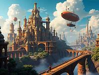 Steampunk-inspired city featuring intricate gears, moving pipes, and floating airships in a futuristic, yet vintage setting, AI generated [IBR125645920]