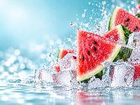 Red watermelon slices with black seeds lie between ice cube cubes and splashing water against a light blue background, AI generated [IBR125645922]