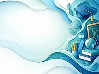 Books, pencils, globe and doctor's hat represent learning and science on an abstract background in blue and turquoise, AI generated [IBR125645923]