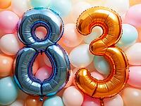 Eighty-three years celebrated with colorful balloons forming the number 83, AI generated [IBR125645924]