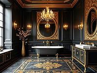 Elegant bathroom showcasing black and gold color scheme, intricate mosaic tile floor, freestanding bathtub, and a crystal chandelier, AI generated [IBR125645926]