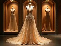 Luxurious bridal boutique showcasing a collection of intricately beaded couture wedding gowns, creating an atmosphere of elegance and sophistication, AI generated [IBR125645927]