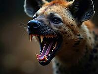 Close-up of a spotted hyena roaring, revealing its sharp teeth, AI generated [IBR125645928]
