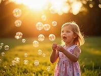 Little girl having fun blowing soap bubbles in a field at sunset, enjoying a summer day outdoors, AI generated [IBR125645929]