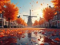 Orange leaves falling on a wet street at sunrise in a picturesque dutch town with a windmill, creating a cozy autumnal scene, AI generated [IBR125645931]