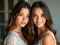Two beautiful twin sisters are smiling and posing together, AI generated [IBR125645935]