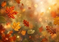 Orange and rusty maple leaves float in the warm, golden light of an autumnal bokeh background, AI generated [IBR125645936]