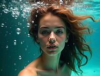 Dreamy underwater portrait featuring a young woman with flowing red hair surrounded by bubbles in turquoise water, AI generated [IBR125645937]