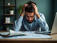 Businessman suffering from headache and stress while working on laptop in office, AI generated [IBR125645938]