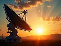 Radio telescope silhouetted by a vibrant sunset with golden rays, AI generated [IBR125645939]