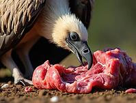 Close-up of a vulture enjoying a meal of raw meat in its natural environment, AI generated [IBR125645941]