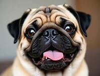 Happy pug sticking out its tongue and panting in a close-up portrait, showcasing its adorable wrinkles and playful expression, AI generated [IBR125645942]