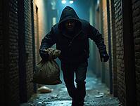Masked burglar running through alleyway at night, carrying sack of stolen goods, AI generated [IBR125645944]