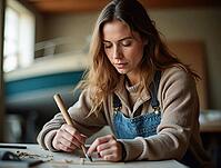 Young craftswoman meticulously carving wood, crafting boat parts in her workshop, showcasing craftsmanship and dedication, AI generated [IBR125645946]