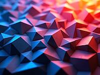 Blue and orange light illuminating geometric background with low poly triangles creating abstract pattern, AI generated [IBR125645947]