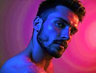 Man's face illuminated by vibrant red and purple neon lights, AI generated [IBR125645951]