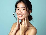 Smiling asian woman touching her face showing perfect skin for beauty products advertising campaign, AI generated [IBR125653404]