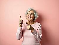 Studio portrait of cheerful elderly woman pointing up and showing something with index fingers on pink background, AI generated [IBR125653407]