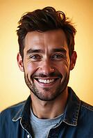 Studio portrait of cheerful young man with toothy smile exuding happiness and confidence, AI generated [IBR125653409]