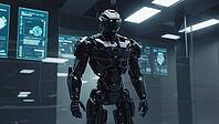 Futuristic military robot standing in laboratory analyzing data from holographic screens, concept of artificial intelligence and robotics, AI generated [IBR125653410]