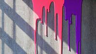 Pink and purple paint flowing down a gray concrete wall, creating a vibrant and abstract pattern with rich textures and contrasts, AI generated [IBR125653411]