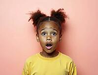 Studio portrait of a surprised young girl with afro hair style, expressing astonishment and wonder, AI generated [IBR125653415]