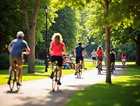 People enjoying cycling and walking on a sunny afternoon in the park, AI generated [IBR125653420]